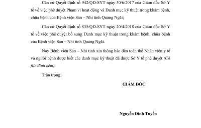 THÔNG BÁO V/v ban hành Danh mục kỹ thuật được Sở Y tế phê duyệt